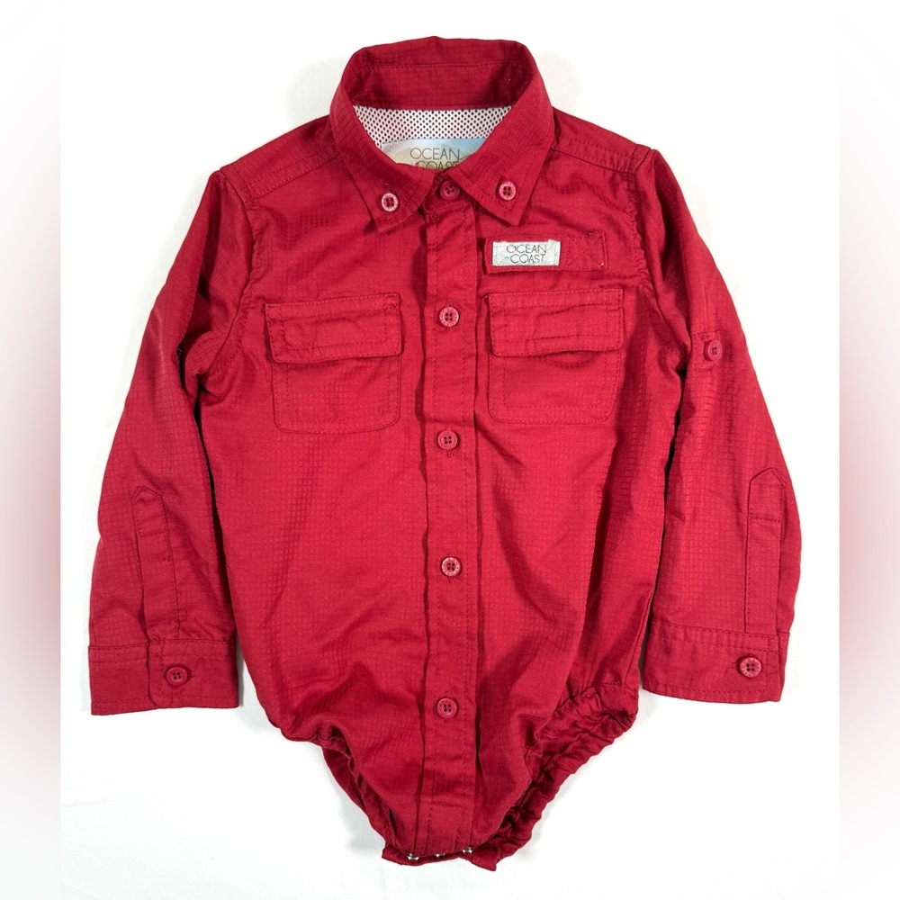 OCEAN COAST Baby Button Down Shirt Bodysuit 12M‎ Red Fishing Graphic Outdoor